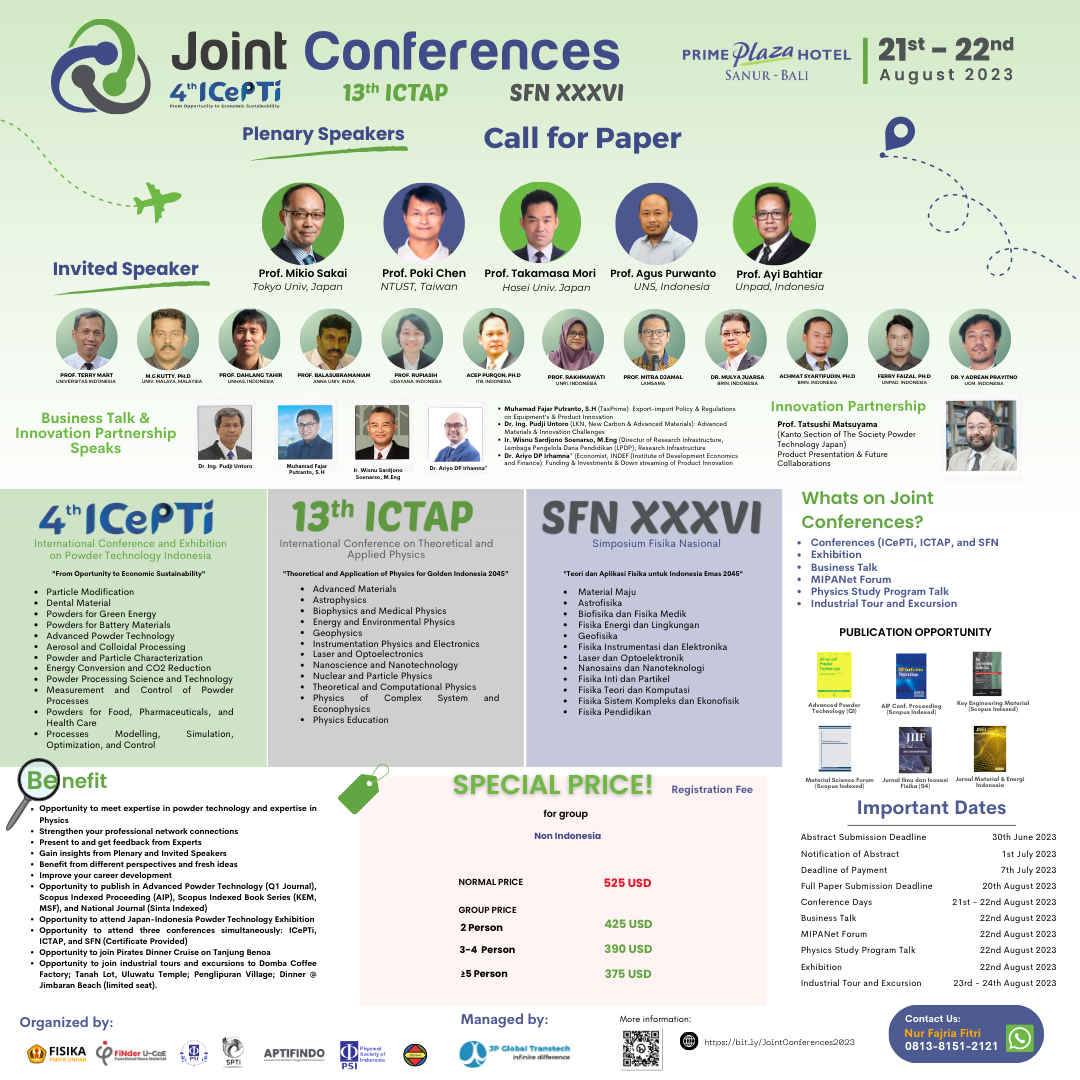 ICePTi 2023 - International Conference on Powder Technology Indonesia fourth annual event with research presentations on advanced materials and particle engineering